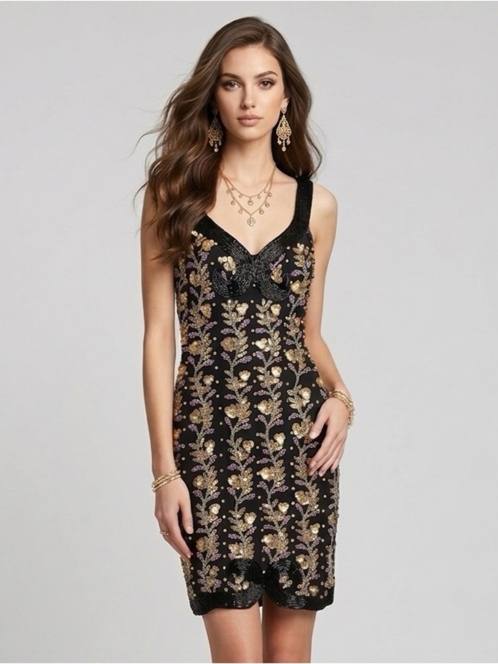 Vintage AJ Bari Silk Beaded Sequin Mini Dress Black Gold Purple Floral S